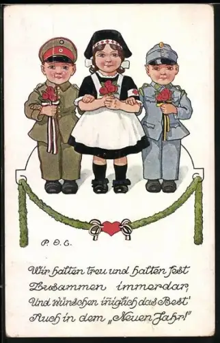 Künstler-AK P. O. Engelhard (P.O.E.): Zusammenhalt im Neuen Jahr, Kinder in Uniformen und Tracht