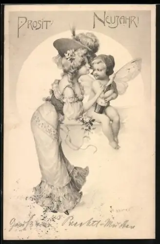 Künstler-AK R. Kratky: Junge Dame und Elfe mit Champagnerflasche