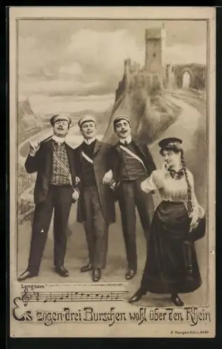 AK Drei Studenten zogen über den Rhein, Mädchen schaut verführerisch, Liedzeile