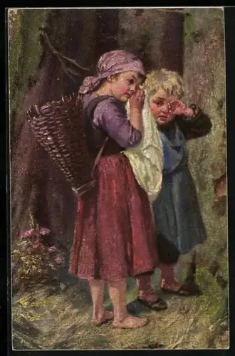 AK Hänsel und Gretel weinen im Wald
