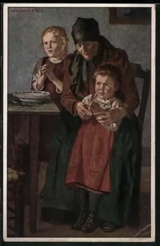 AK Mutter betet mit Kindern am Esstisch, Kinderfürsorge