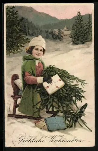 AK Frau auf Schlitten mit Weihnachtsgrüssen