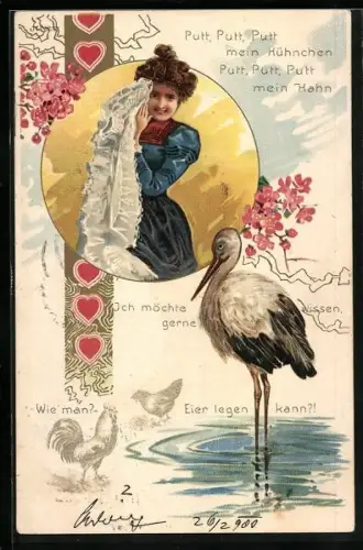Lithographie Putt, Putt, Putt mein Hühnchen..., Junge Frau und Storch, Jugendstil