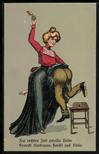 AK Dame versohlt mit einem Schuh den Hintern eines Mannes