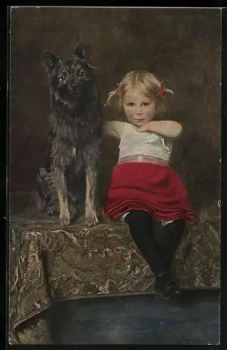Künstler-AK Fritz Greve: Lieselotte präsentiert stolz ihren treuen Hund