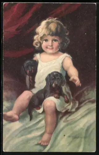 Künstler-AK kleines Mädchen mit ihren Hunden