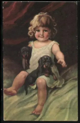 Künstler-AK Mädchen mit Dackelwelpen