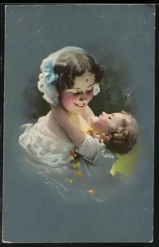 Künstler-AK Ludwig Knoefel: Tochter umarmt ihre Mutter