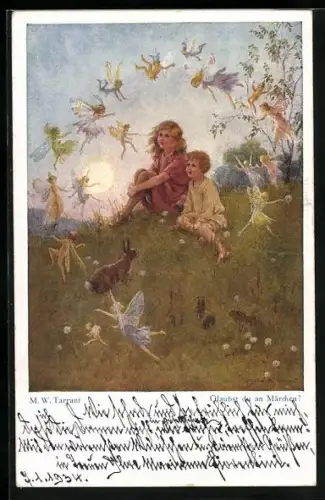 Künstler-AK Glückliche Tage, Glaubst du an Märchen?, Mädchen und Elfen