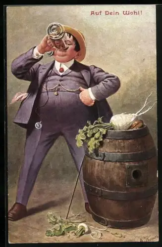 Künstler-AK sign. O. Kraus: Dicker Mann beim verzehren von Bier an einem Bierfass
