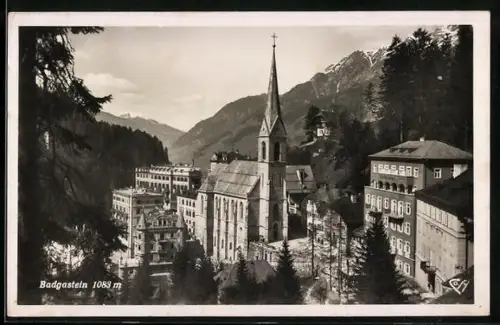 AK Badgastein an der Tauernbahn, Ortspartie mit Kirche