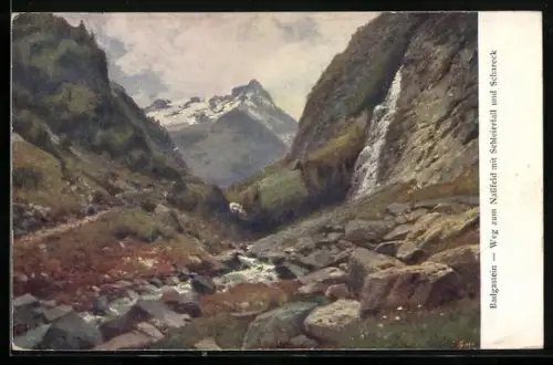 Künstler-AK Badgastein, Weg zum Nassfeld mit Schleierfall u. Schareck