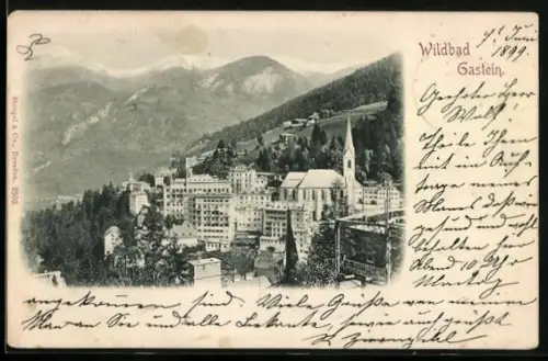 AK Wildbad Gastein, Totalansicht mit Bergpanorama