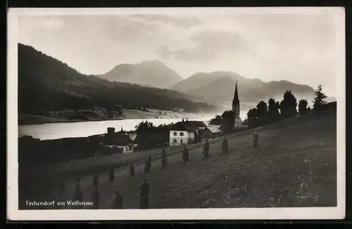 AK Techendorf am Weissensee, Ortspanorama mit Wasserblick