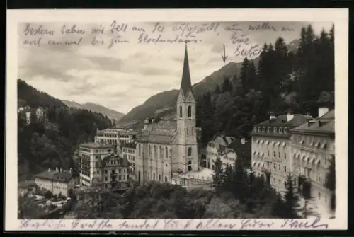 AK Bad Gastein, Teilansicht mit Kirche aus der Vogelschau