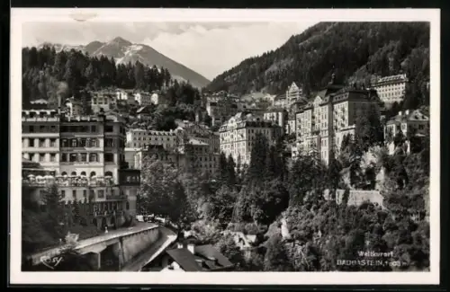 AK Badgastein, Ortspanorama mit Brücke aus der Vogelschau