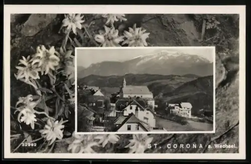 Passepartout-AK St. Corona a. Wechsel, Ortspartie mit Bergen