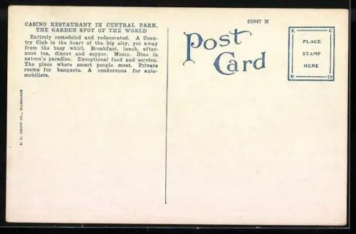 AK New York, NY, Casino Restaurant in Central Park, Direction C. F. Zittel