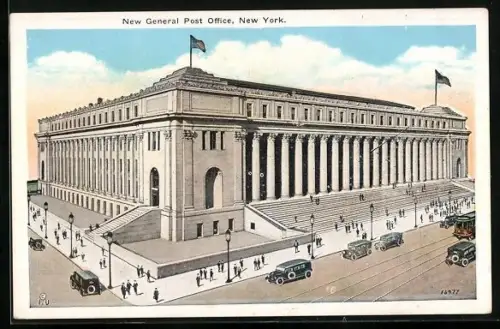 AK New York, New General Post Office Strassenansicht mit Autos und Strassenbahn davor, US-Fahnen auf dem Dach