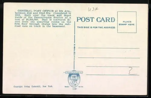 AK New York, New General Post Office Strassenansicht mit Autos und Strassenbahn davor, US-Fahnen auf dem Dach