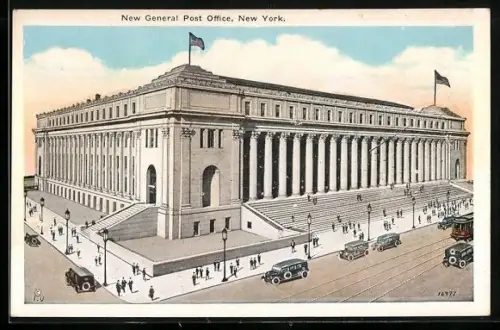 AK New York, New General Post Office Strassenansicht mit Autos und Strassenbahn davor, US-Fahnen auf dem Dach