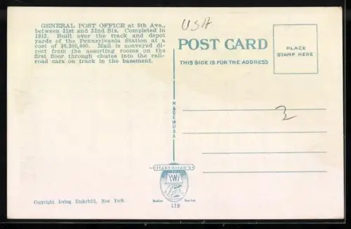 AK New York, New General Post Office Strassenansicht mit Autos und Strassenbahn davor, US-Fahnen auf dem Dach
