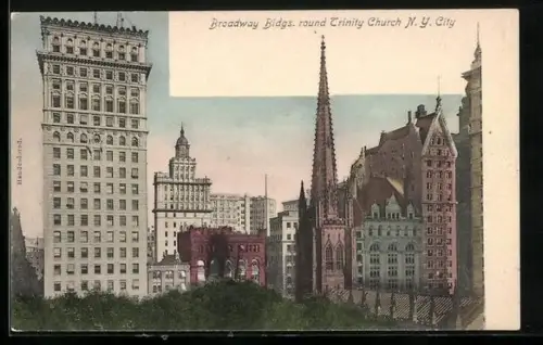 AK New York, NY, Broadway Buildings round Trinitiy Church