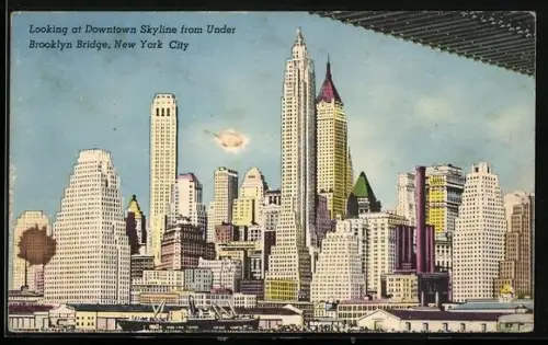 AK New York, NY, Looking at Downtown Skyline from under Brooklyn Bridge