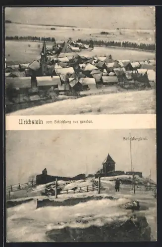 AK Ulrichstein, Ortsansicht im Winter vom Schlossberg, Schlossbergturm