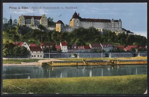 AK Pirna, Schloss Sonnenstein und Stadtbad an der Elbe
