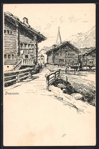 Künstler-AK Zermatt, Strassenpartie mit Gebäudeansicht