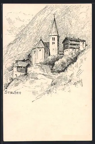 Künstler-AK Stalden /VS, Teilansicht mit Kirche
