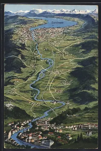 AK Baden, Panorama der Umgebung bis zum Zürichsee