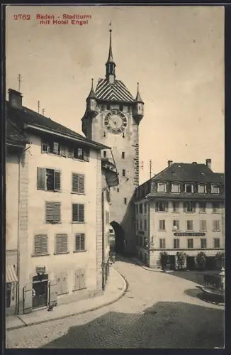 AK Baden, Stadtturm mit Hotel Engel
