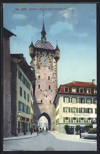 AK Baden, Stadtturm u. Hotel Engel
