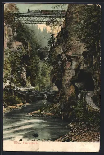 AK Biel, Taubenlochschlucht mit Strassentunnel, Fluss- u. Bahnbrücke