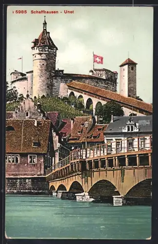AK Schaffhausen, Unot, Burgansicht, Brücke über den Fluss, Flagge