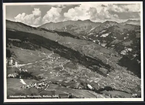 AK Mathon, Fliegeraufnahme mit Schamserberg, Wergenstein und Lohn