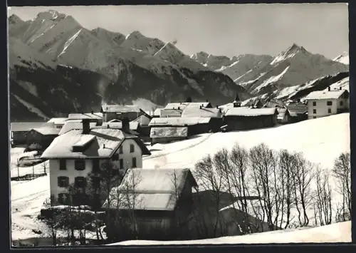 AK Villa, Ortsansicht im Schnee mit Piz Ault und Piz Terri