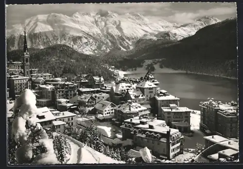 AK St. Moritz-Dorf /Engadin, Ortsansicht mit Kirche, See und Alpen