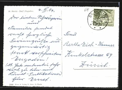 AK St. Moritz-Dorf /Engadin, Ortsansicht mit Kirche, See und Alpen