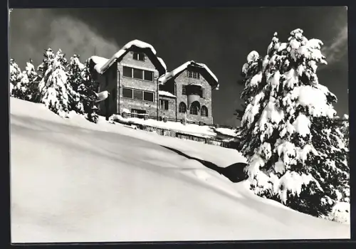 AK St. Moritz, Evangelische Heimstätte Randolins im Schnee
