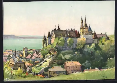 Künstler-AK Neuchâtel, Château et Collégiale