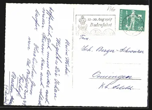 AK Baden, Volksheilbad Freihof mit Passanten