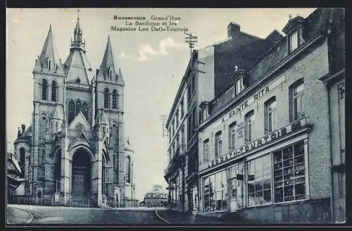 AK Bonsecours, Grand`Rue, La Basilique et les Magasins Leo Dath-Tourtois