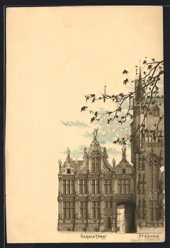 Lithographie Brugge, Gerechtshof & Stadhuis
