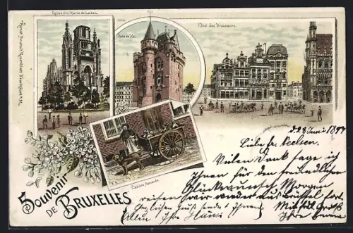 Lithographie Brüssel / Bruxelles, Hôtel des Brasseurs, Porte de Hal, Eglise Ste. Marie de Laeken