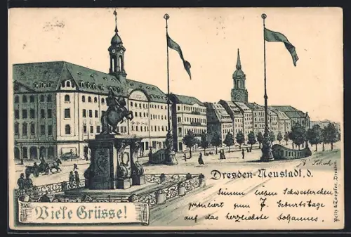 AK Dresden, Platz mit Reiterdenkmal und Kirche