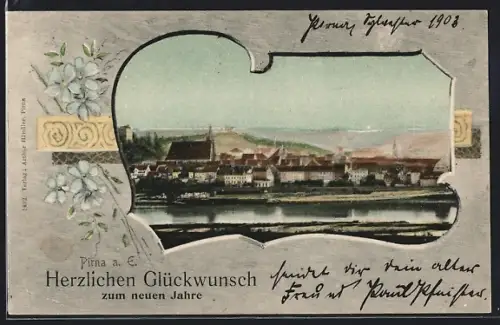 AK Pirna a. E., Stadtansicht an der Elbe im Passepartout