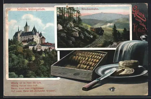 AK Wernigerode, Schloss, Brockenbahn, Harzer Käse und Zigarren